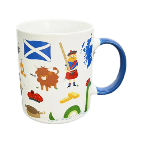 Angled view of a white porcelain Scotland souvenir mug with a blue handle, featuring colourful illustrations of the Scottish flag, a Highland cow, a man in a kilt, a map of Scotland, a whisky bottle, thistle, shortbread, and the Loch Ness Monster.