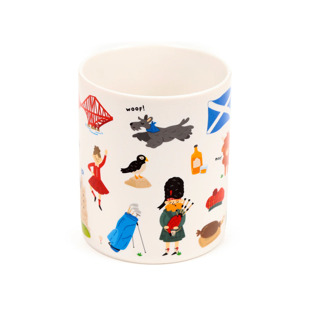 Cream-coloured porcelain Scotland souvenir mug with colourful Scottish-themed illustrations, including a bagpiper, Scottish Terrier, Forth Bridge, and Scottish flag, angled view showing the interior rim.