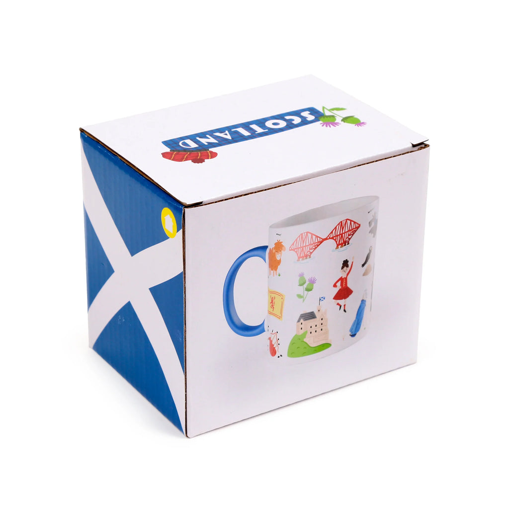 Angled view of white cardboard packaging for a Scotland souvenir porcelain mug, displaying the Scottish flag on one side, 'SCOTLAND' text on top, and an illustration of the mug with a blue handle and Scottish-themed designs on the front.