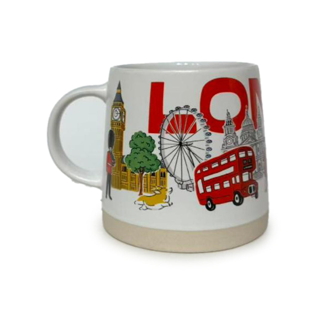 Angled view of a white tapered stoneware mug, featuring a colourful London skyline illustration with Big Ben, a Queen's Guard, the London Eye, a red double-decker bus, St Paul's Cathedral, and a corgi, with an unglazed natural base.
