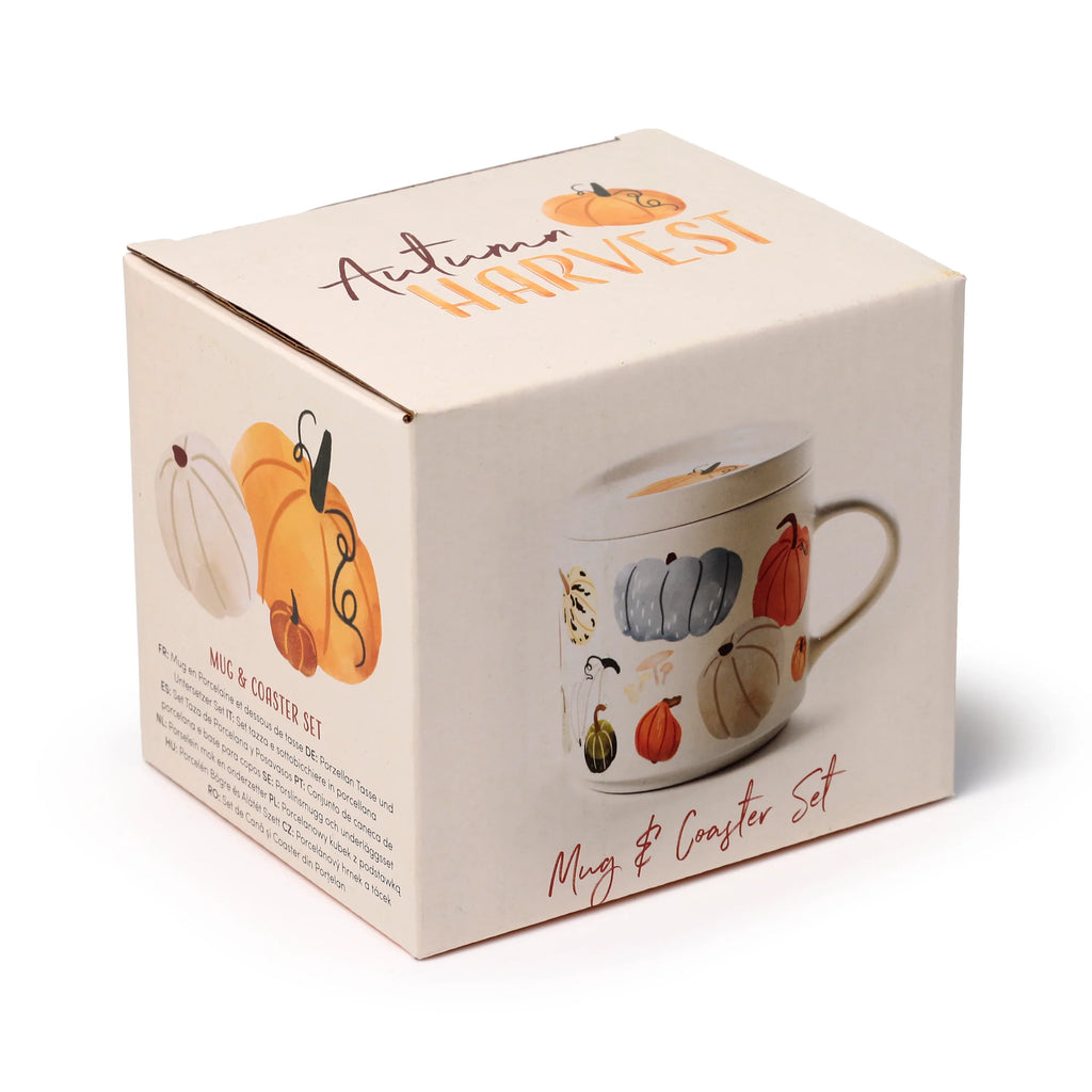 Angled view of the beige packaging box for a Porcelain Mug & Coaster Lid Set, featuring an 'Autumn Harvest' design with illustrations of various colourful pumpkins and mushrooms.