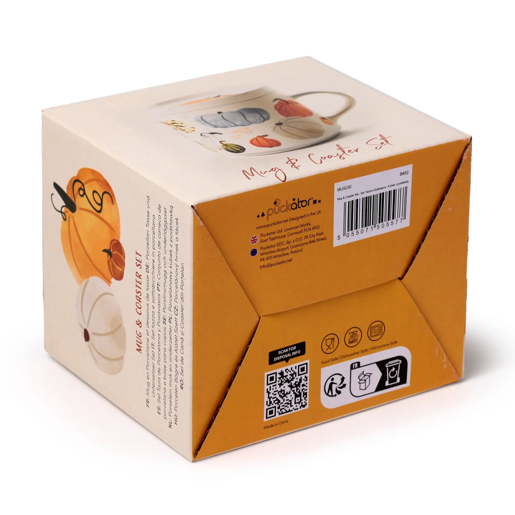 Angled view of the top and sides of a beige cardboard box for a Porcelain Mug & Coaster Lid Set. The box features an 'Autumn Harvest' illustration of orange, white, and green pumpkins and gourds, along with product details, a barcode, and symbols for food safety, dishwasher, and microwave suitability.
