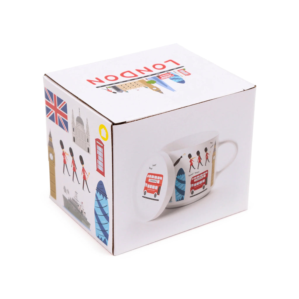 Angled view of a white packaging box for a mug and coaster lid set, decorated with London illustrations including the Union Jack, Big Ben, Queen's Guards, and a red double-decker bus.
