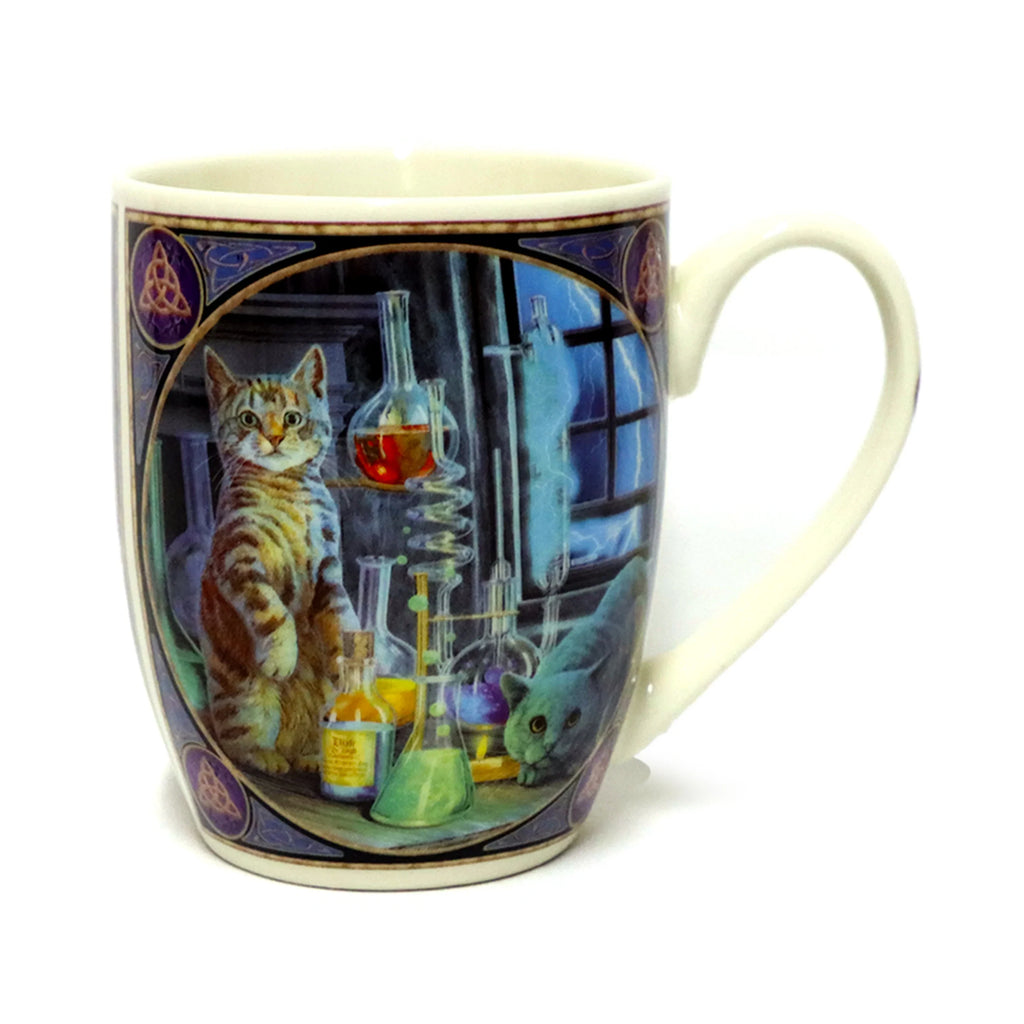 Angled view of a cream porcelain mug, featuring an illustration of a tabby cat and a grey cat in a dark laboratory with colourful liquids in flasks and a lightning-struck window, framed by a decorative purple and gold border.