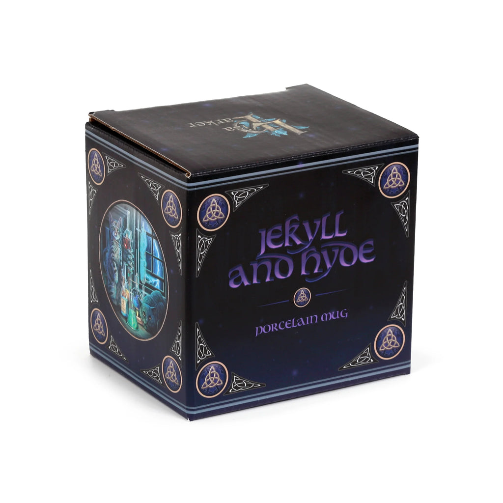 Angled view of a dark Lisa Parker porcelain mug box with 'Jekyll and Hyde' text, depicting two cats in a laboratory and Celtic knot designs.