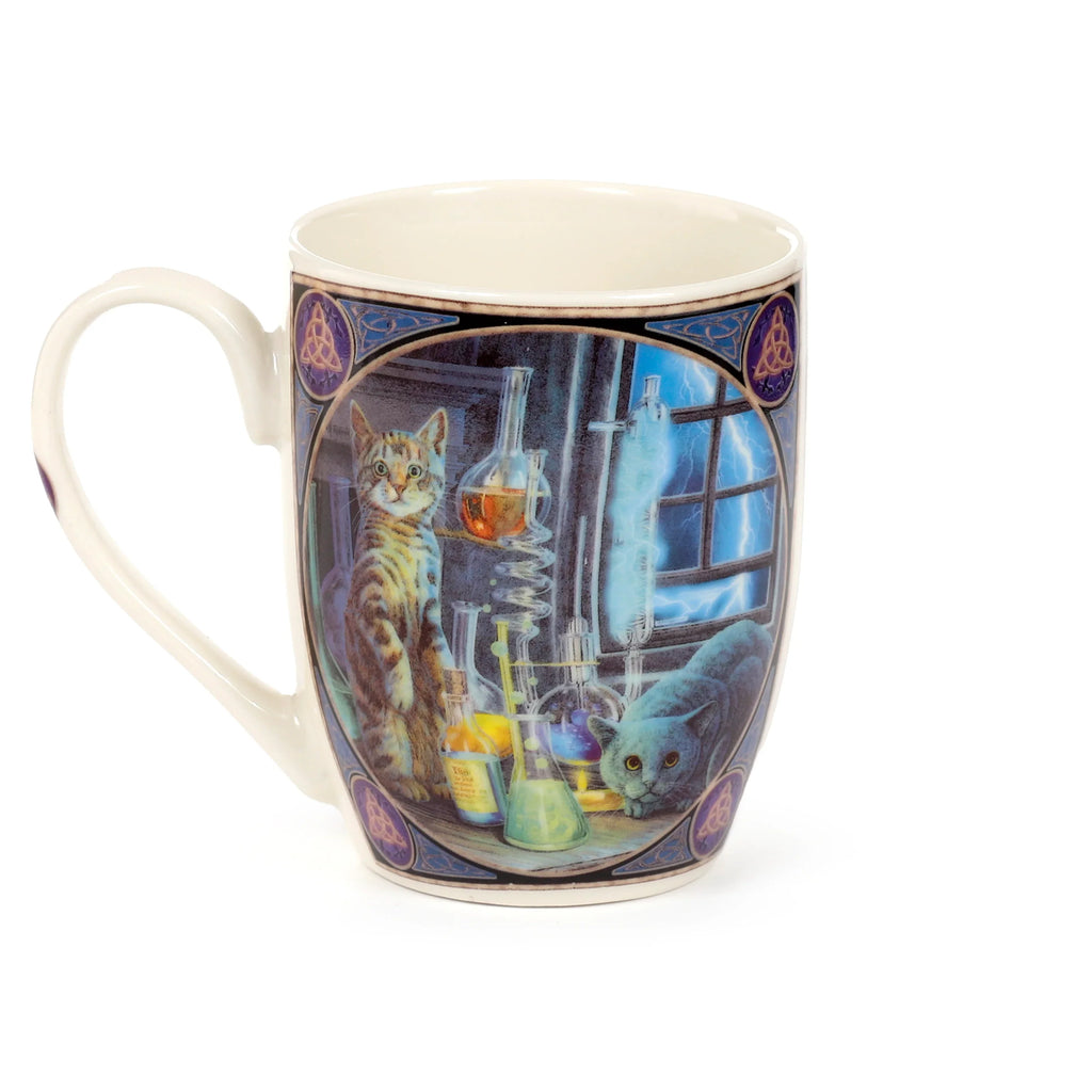 Angled view of a porcelain mug with an illustration of a tabby cat and a grey cat in a chemistry laboratory setting, framed by decorative Celtic knot borders, and showing a stormy window in the background.