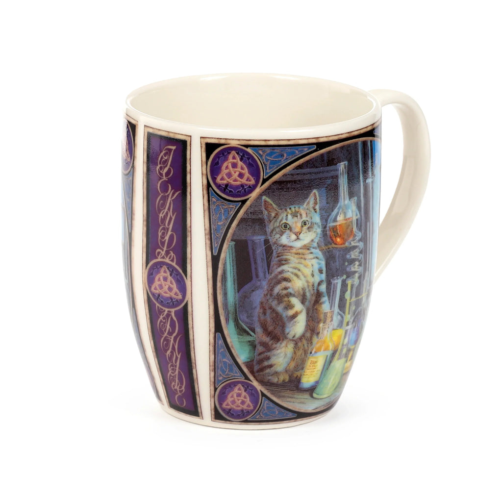 Angled view of a porcelain mug, decorated with a tabby cat surrounded by laboratory flasks and beakers, and purple panels featuring Celtic knot patterns. The handle is visible on the right.