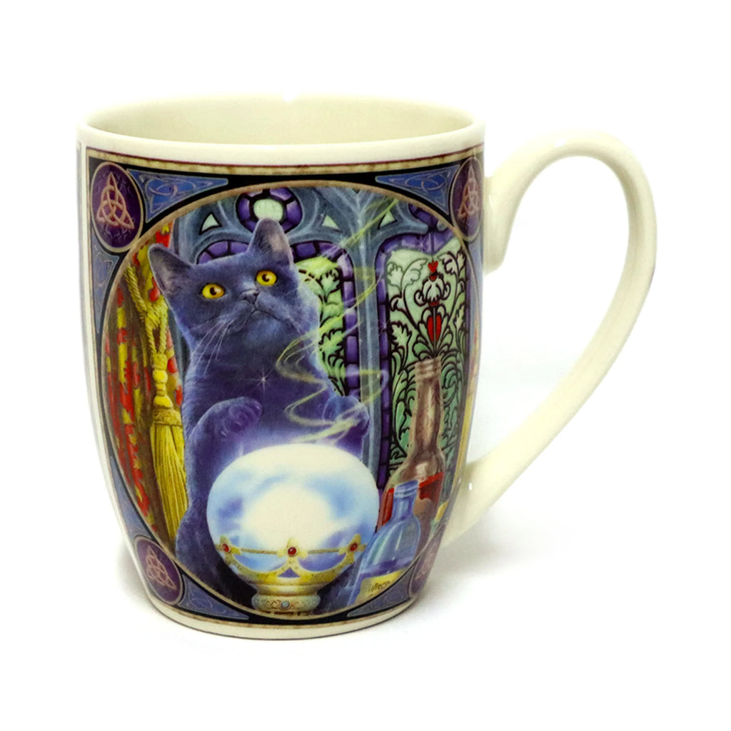 Angled view of a porcelain mug, featuring a dark grey cat with bright yellow eyes resting its paws on a glowing crystal ball. The artwork includes a background of colourful stained-glass windows, various mystical bottles, and red and gold tassels. The mug has a plain cream handle and decorative Celtic knot borders.