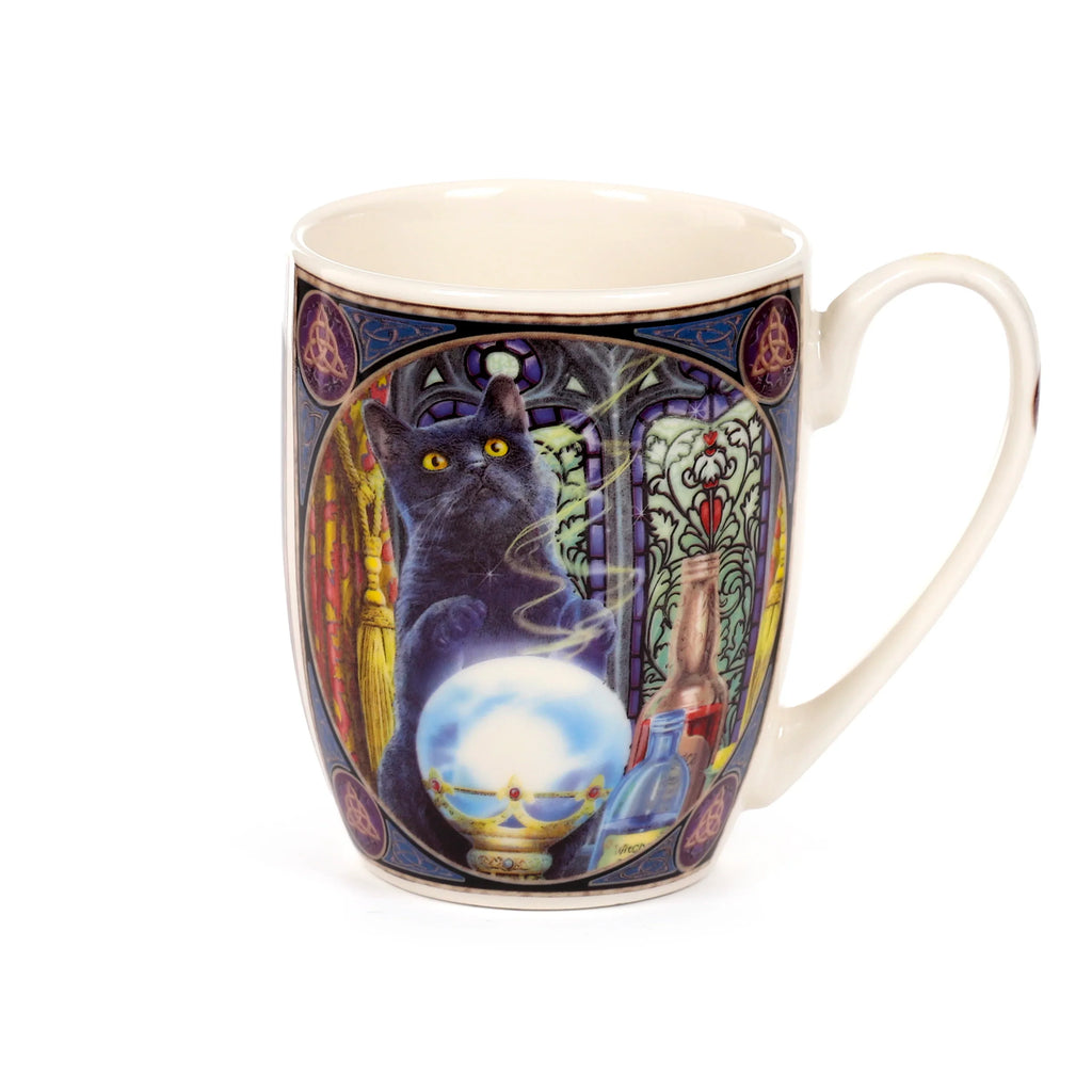 Front view of a cream porcelain mug, featuring 'The Witch's Apprentice Cat' illustration with a black cat, a glowing crystal ball, and dark Celtic knot borders.