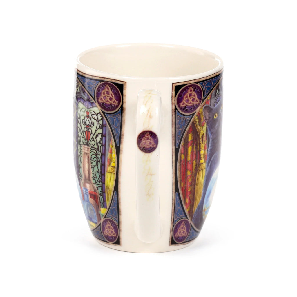 Porcelain mug showing its handle with a subtle pattern and purple Celtic knot. The mug features artwork depicting a black cat with yellow eyes and mystical imagery, bordered by ornate Celtic designs.