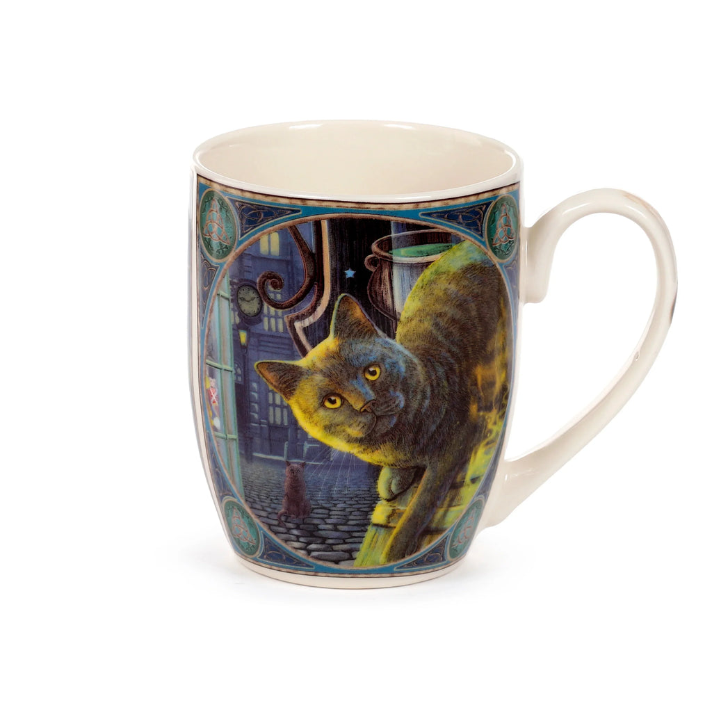Angled view of a cream porcelain mug, displaying an illustration of a dark grey cat with bright yellow eyes looking from a nocturnal cobblestone street with a cauldron. The mug's handle is visible on the right.