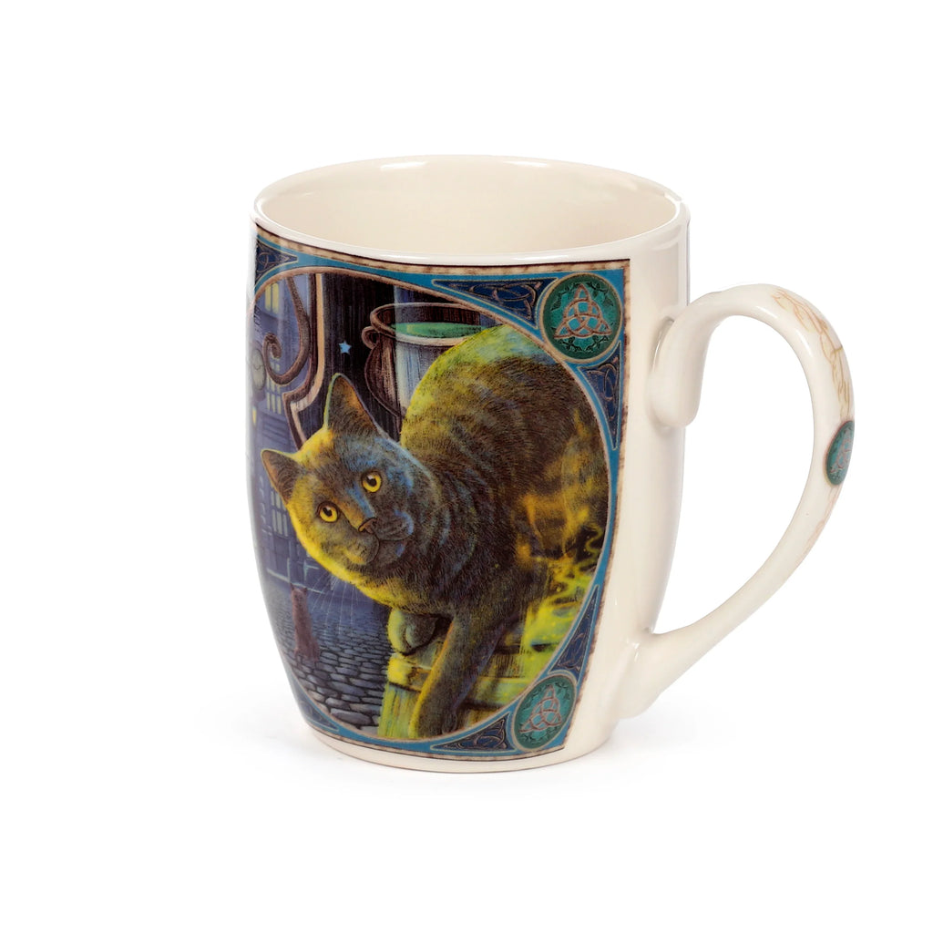 Angled view of a cream porcelain mug, featuring a dark grey cat with bright yellow eyes, a green cauldron, and decorative Celtic knotwork.