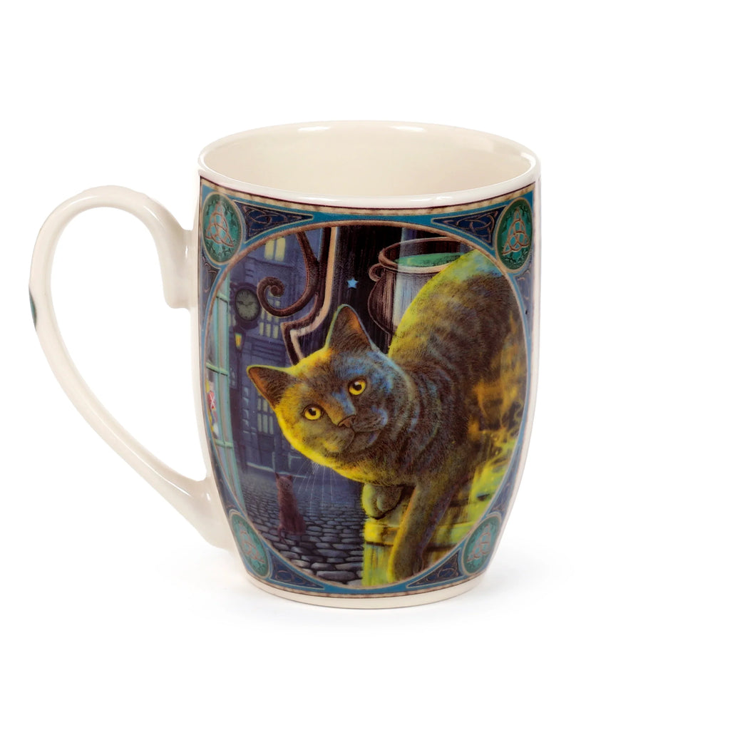 Angled view of a cream porcelain mug featuring an illustration of a large grey cat with bright yellow eyes, a cauldron, and a smaller cat in a dark, urban scene, finished with decorative Celtic knot borders.