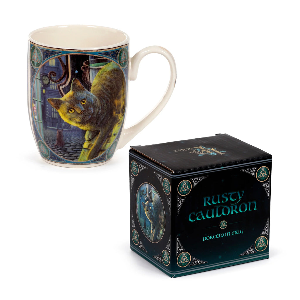 Angled view of a porcelain mug featuring a black cat with bright yellow eyes peering from a night-time cobbled street scene, framed by intricate Celtic knotwork borders. The cream handle is visible, with the mug placed next to its matching illustrated gift box.