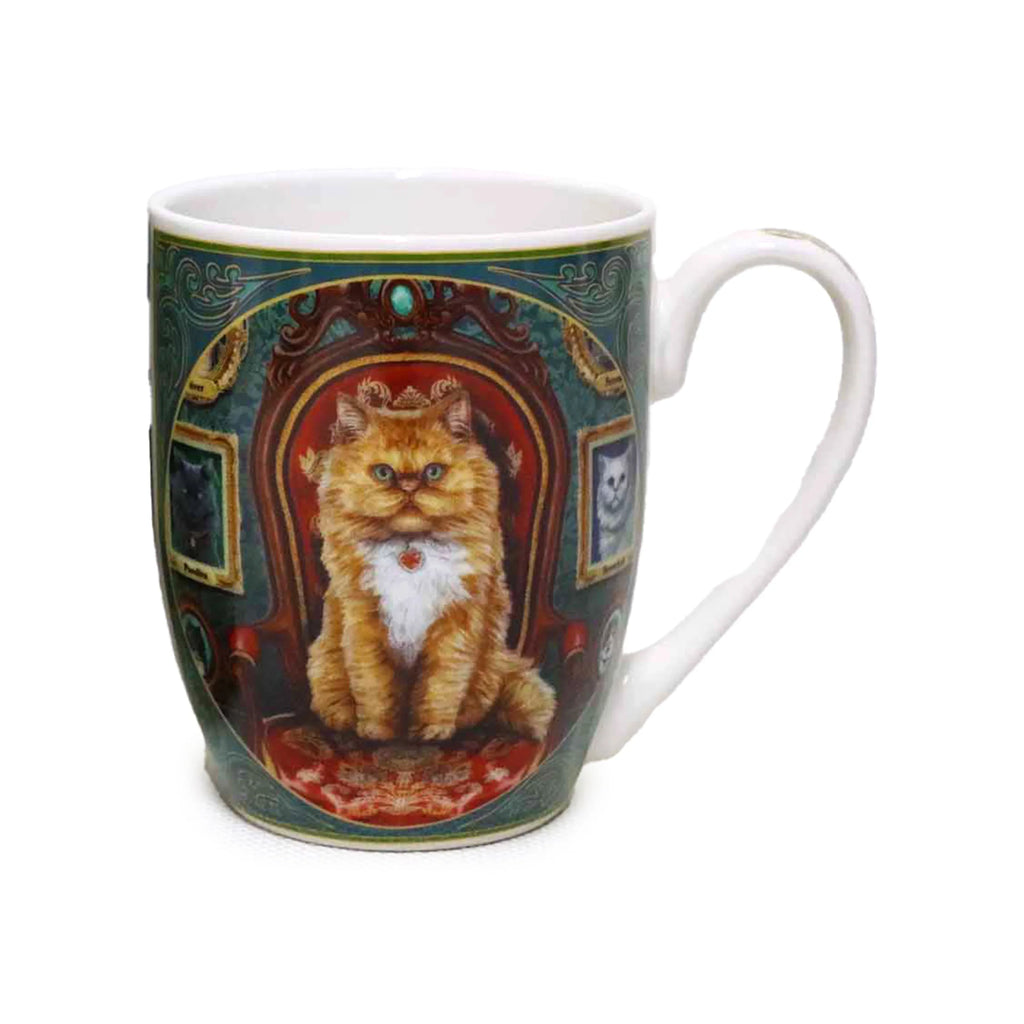 Angled view of a white porcelain mug, displaying an illustration of a fluffy ginger cat wearing a heart pendant, seated regally on a red armchair against an ornate dark green background.