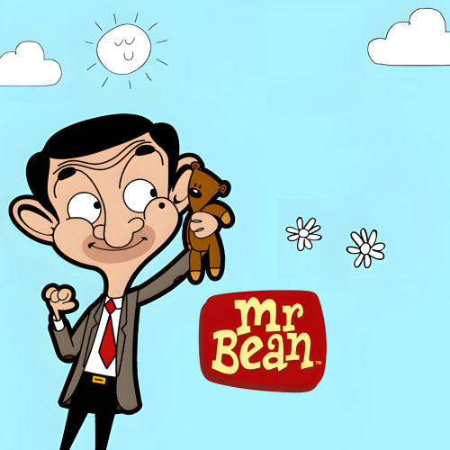 Cartoon version of 'Mr. Bean' lovingly holding up a teddy bear against a bright blue sky.

