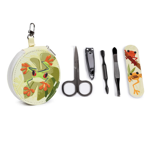 A 5-piece round manicure set laid out on a white background, featuring a zipped case with a green red-eyed frog design, black metal nail clippers, scissors, a cuticle tool, tweezers, and a nail file decorated with orange and red tropical frogs.