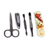 Overhead view of a five-piece manicure set, including metallic nail scissors, clippers, cuticle pusher, tweezers, and a nail file with a tropical frog design.