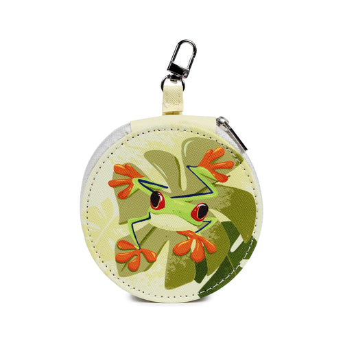 Round manicure set case, depicting a green tropical frog with red eyes and orange toes on a light green leaf pattern background, complete with a silver-coloured clasp and zipper.