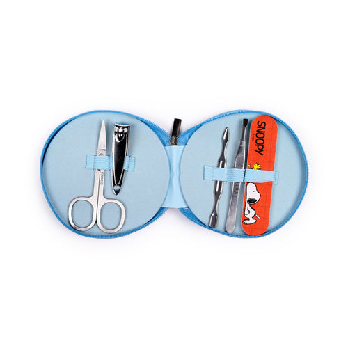 Overhead view of an open round light blue 5-piece manicure set. The set includes stainless steel nail scissors, clippers, two cuticle tools, and an orange nail file with a Peanuts Snoopy and Woodstock design.