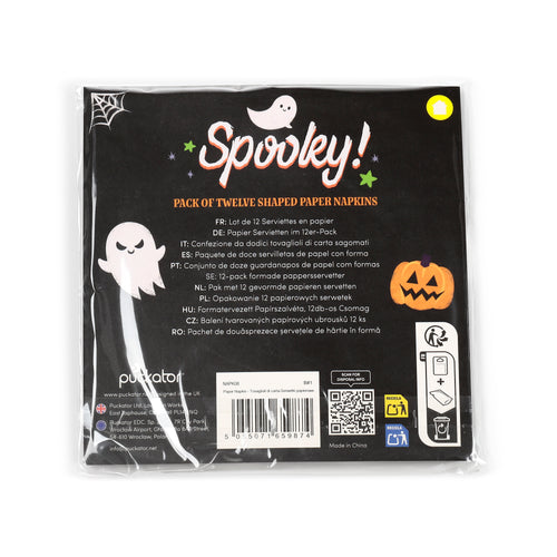 Front view of a pack of twelve Halloween ghost paper napkins, with black packaging featuring a white cartoon ghost, orange jack-o'-lantern, and a spiderweb.