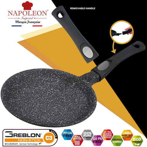 Crepe Pan - 28 cms - Suitable for all Hob Types including Induction - Oven-Safe - Non-Stick Stone-Like Coating - Removal Handle