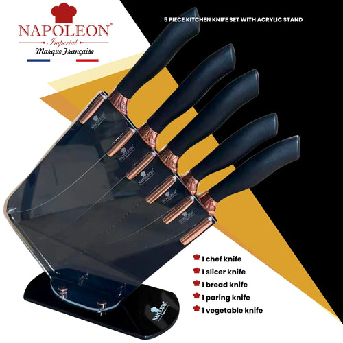 Kitchen Knife Set with Acrylic Stand - 5 Knives in High Quality 2Cr13 Stainless Steel with Copper Contrast Nonstick Handles