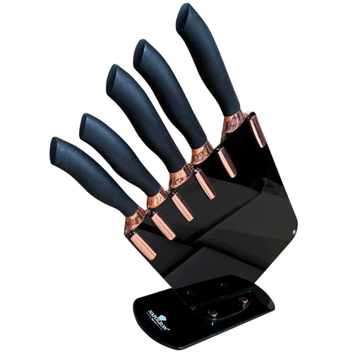 Kitchen Knife Set with Acrylic Stand - 5 Knives in High Quality 2Cr13 Stainless Steel with Copper Contrast Nonstick Handles