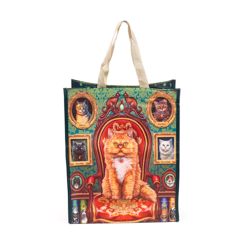 Front view of a reusable shopping tote bag with a 'Mad About Cats' theme, depicting a regal ginger cat seated on a red armchair, surrounded by multiple framed portraits of different cats, against a green patterned backdrop.