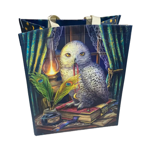 Front view of a reusable shopping tote bag, deep blue, featuring an illustration of a white owl perched on reddish-brown books, beside a lit lantern and an inkwell with peacock feathers. The bag has cream-coloured fabric handles, and its inner top edge is patterned with gold stars and moons.