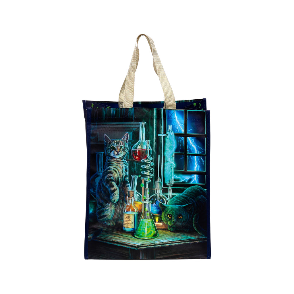 Front view of a durable reusable shopping bag featuring a Lisa Parker 'Jekyll and Hyde Cats' design. The illustration shows two cats in a laboratory with colourful potions, glass beakers, and blue lightning. It has natural-coloured woven handles.