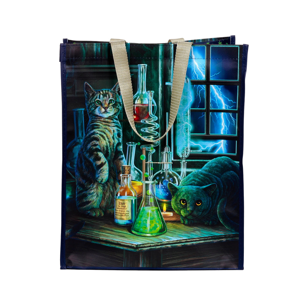 Front view of a durable reusable shopping bag, featuring a colourful Lisa Parker illustration of two cats in a dark laboratory, surrounded by scientific flasks, an 'Elixir Dr Jekyll' bottle, and a stormy window with blue lightning.