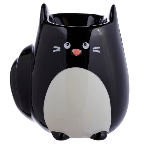 Front view of a glossy black ceramic cat-shaped oil burner, with pointed ears, a white belly, white eyes, a pink nose, and white whiskers. A small, curled black tail is visible on the left.