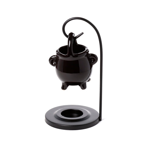 Black ceramic cauldron oil burner with tripod legs and side handles, hanging from a black metal stand featuring a circular tea light holder.