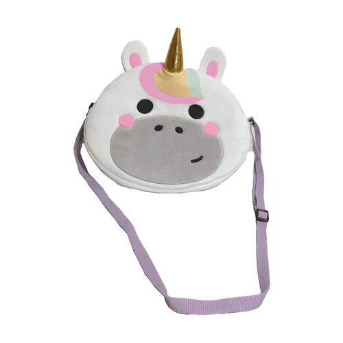 Front view of a white plush unicorn crossbody bag with a golden horn, pink ears, black eyes, pink cheeks, and a grey snout with a smile, featuring a light purple adjustable strap.
