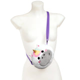 Front view of an Adoracorns Astra the Unicorn plush crossbody bag, white with a golden horn, rainbow-coloured mane, and a purple strap, displayed on a white mannequin.