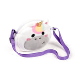 Front angled view of a white plush unicorn crossbody bag with black eyes, pink cheeks, a grey muzzle, a golden horn, multi-coloured mane, and a purple adjustable strap.