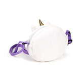 Angled view from above of a white plush unicorn crossbody bag with a golden horn, purple strap, and top zipper.