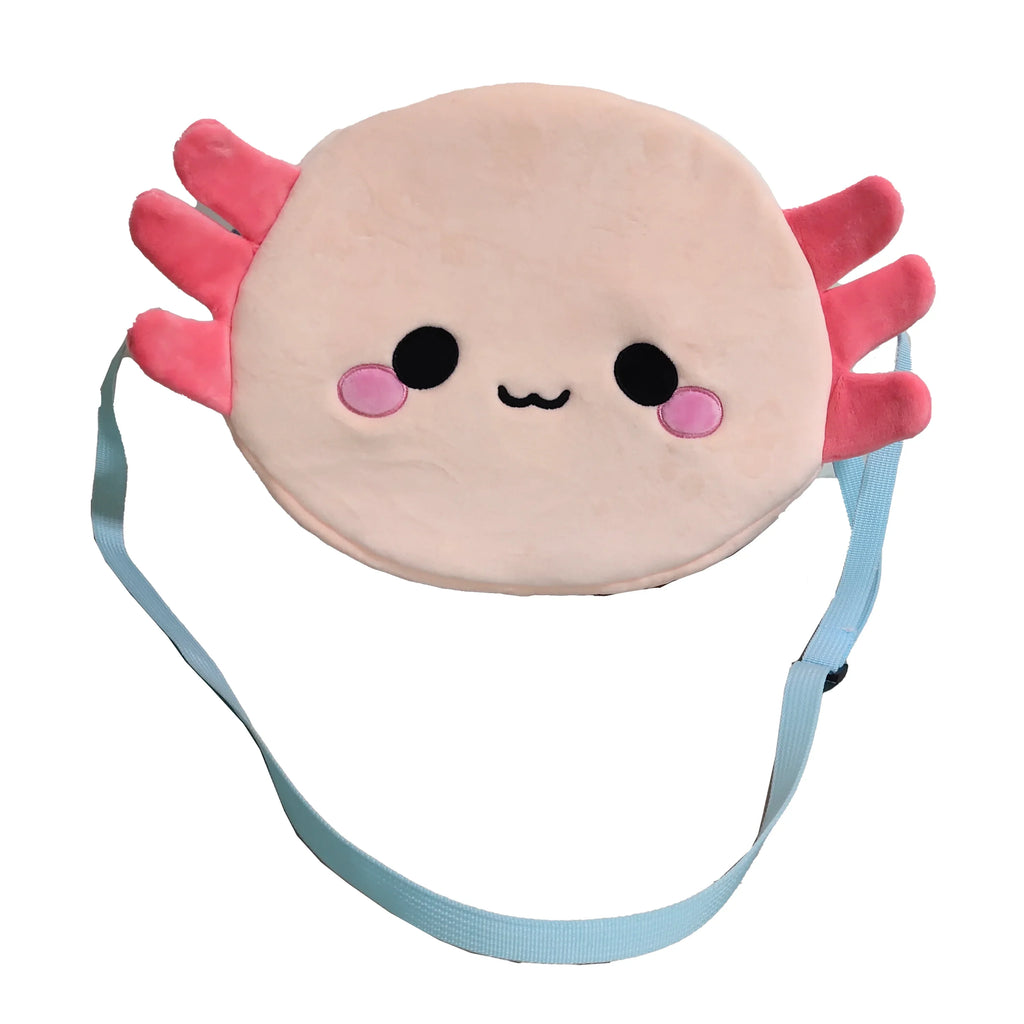 Front view of a plush light pink axolotl cross body bag, featuring bright pink gills, embroidered black eyes, pink cheeks, a black smiling mouth, and a light blue adjustable strap.
