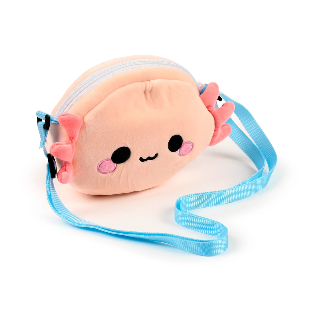 Angled view of the Adoramals Maddie the Axolotl plush crossbody bag, featuring its peachy-pink body, pink frilled gills, embroidered black eyes, and a light blue strap.
