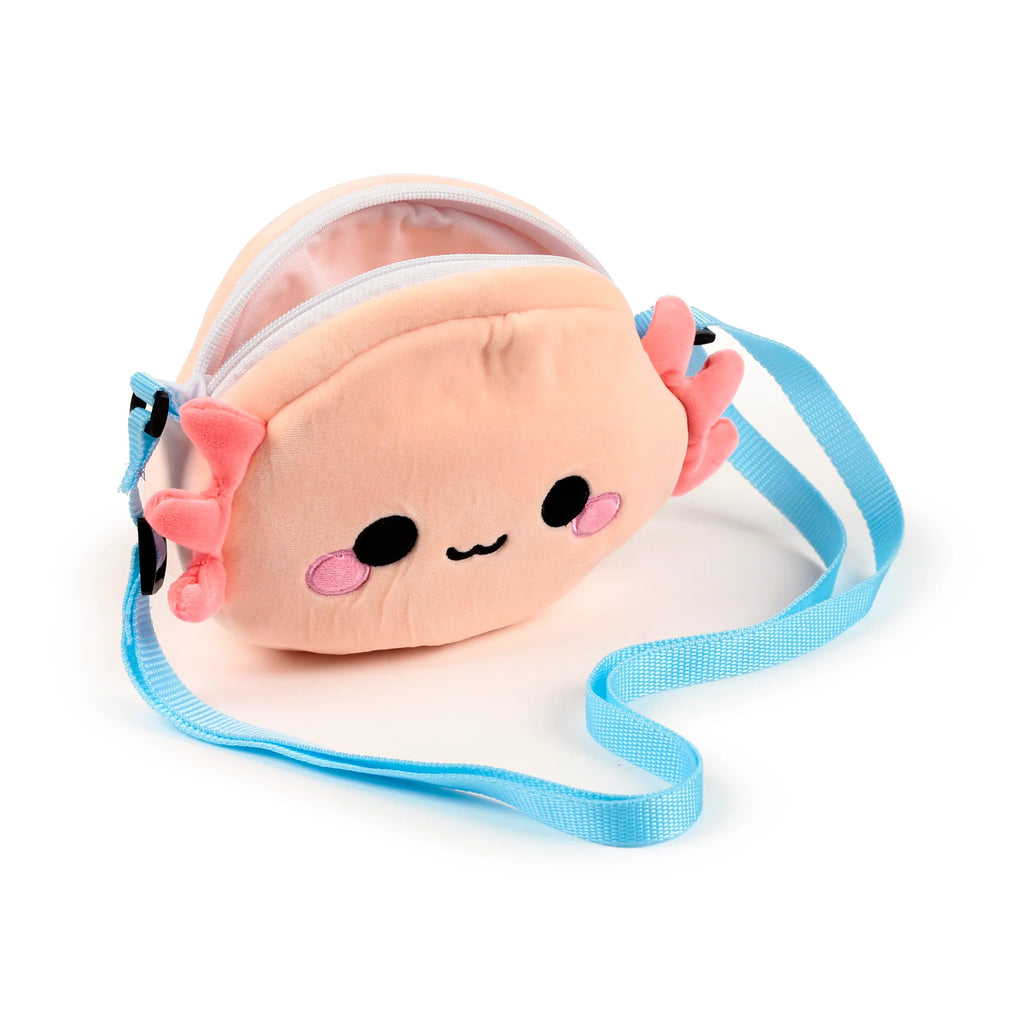 Angled view of a plush peach axolotl crossbody bag, featuring pink gills, a smiling embroidered face, an open white zip, and a light blue adjustable strap.