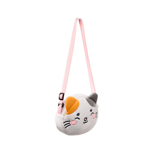 Angled view of an Adoramals Lola the Cat plush crossbody bag, white and grey with orange and grey ears, pink cheeks, black embroidered facial features, and a pink adjustable strap.