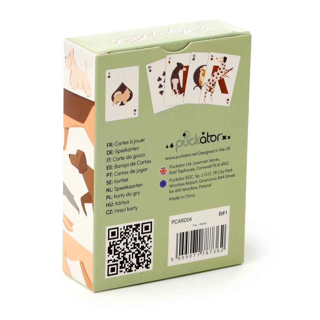 Angled rear view of a green playing card box, featuring dog illustrations on sample cards, a barcode, and a QR code.