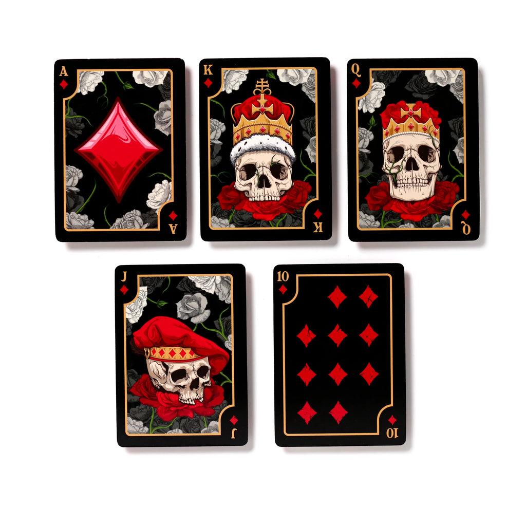 Five standard playing cards, the Ace, King, Queen, Jack, and Ten of Diamonds, displayed face-up on a white background. Each black card features a central skull design with white/grey roses and prominent red diamond suit symbols.