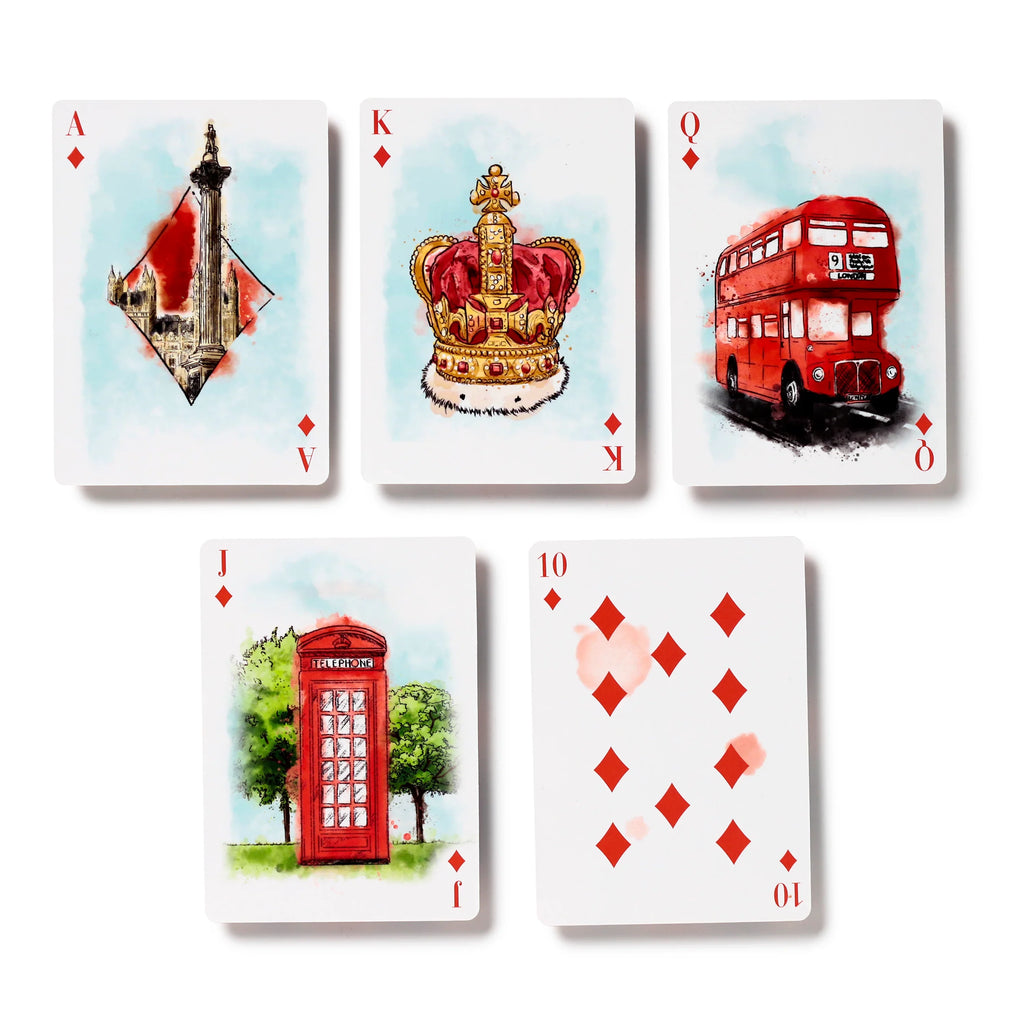 Five London tour themed playing cards, spread out face up on a white background. Visible cards include the Ace of Diamonds depicting Nelson's Column, King of Diamonds with a royal crown, Queen of Diamonds with a red double-decker bus, Jack of Diamonds showing a red telephone box, and the Ten of Diamonds, all featuring watercolour style illustrations.