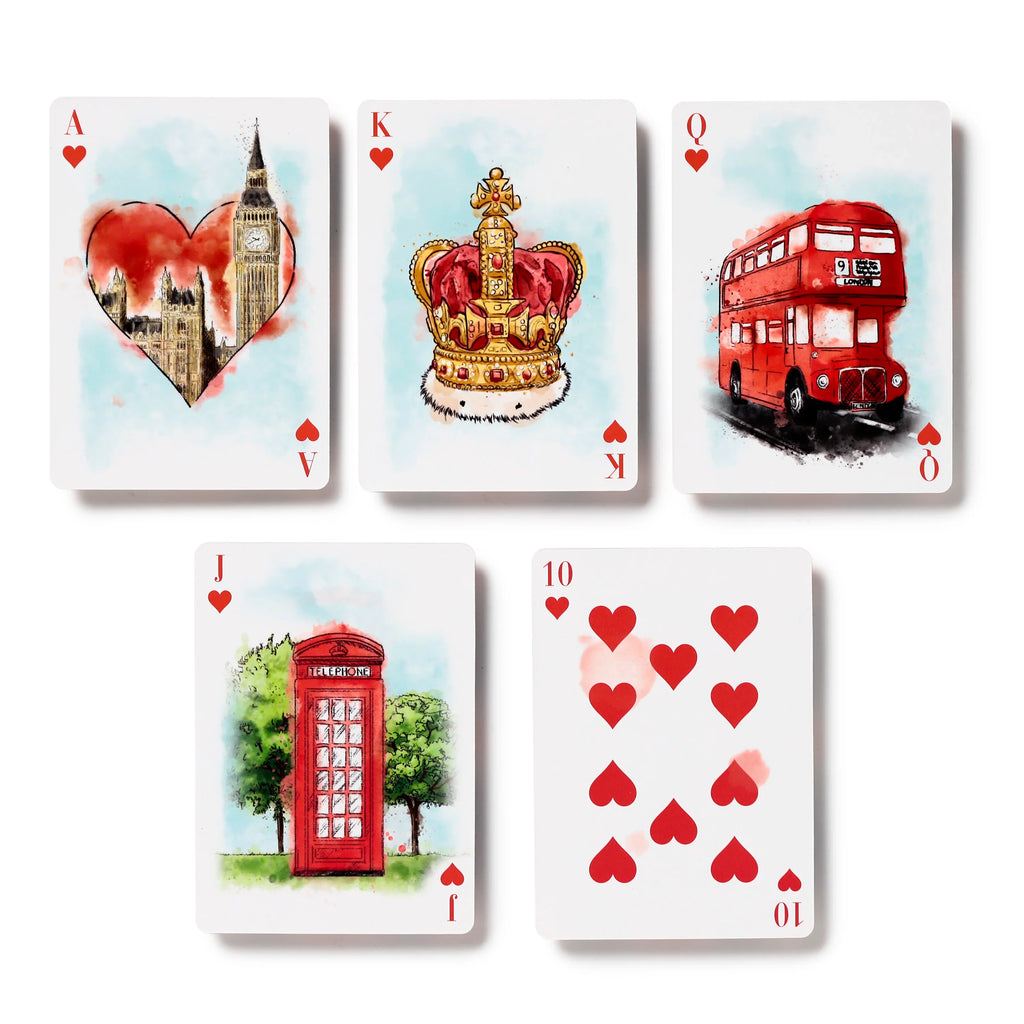 Five playing cards, Ace, King, Queen, Jack, and Ten of Hearts, laid out on a white background. Each card features a distinct watercolour illustration: Big Ben, a royal crown, a red double-decker bus, and a classic red telephone box, with the Ten of Hearts displaying multiple red heart pips.