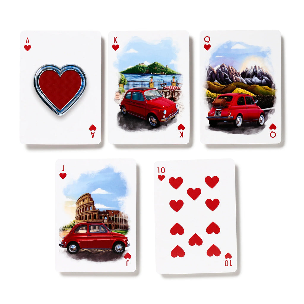 Overhead view of five hearts suit playing cards: Ace, King, Queen, Jack, and 10. The King, Queen, and Jack cards feature illustrations of a red Fiat 500 car in various Italian settings, the Ace showcases a chrome heart design, and the 10 displays ten red heart pips.