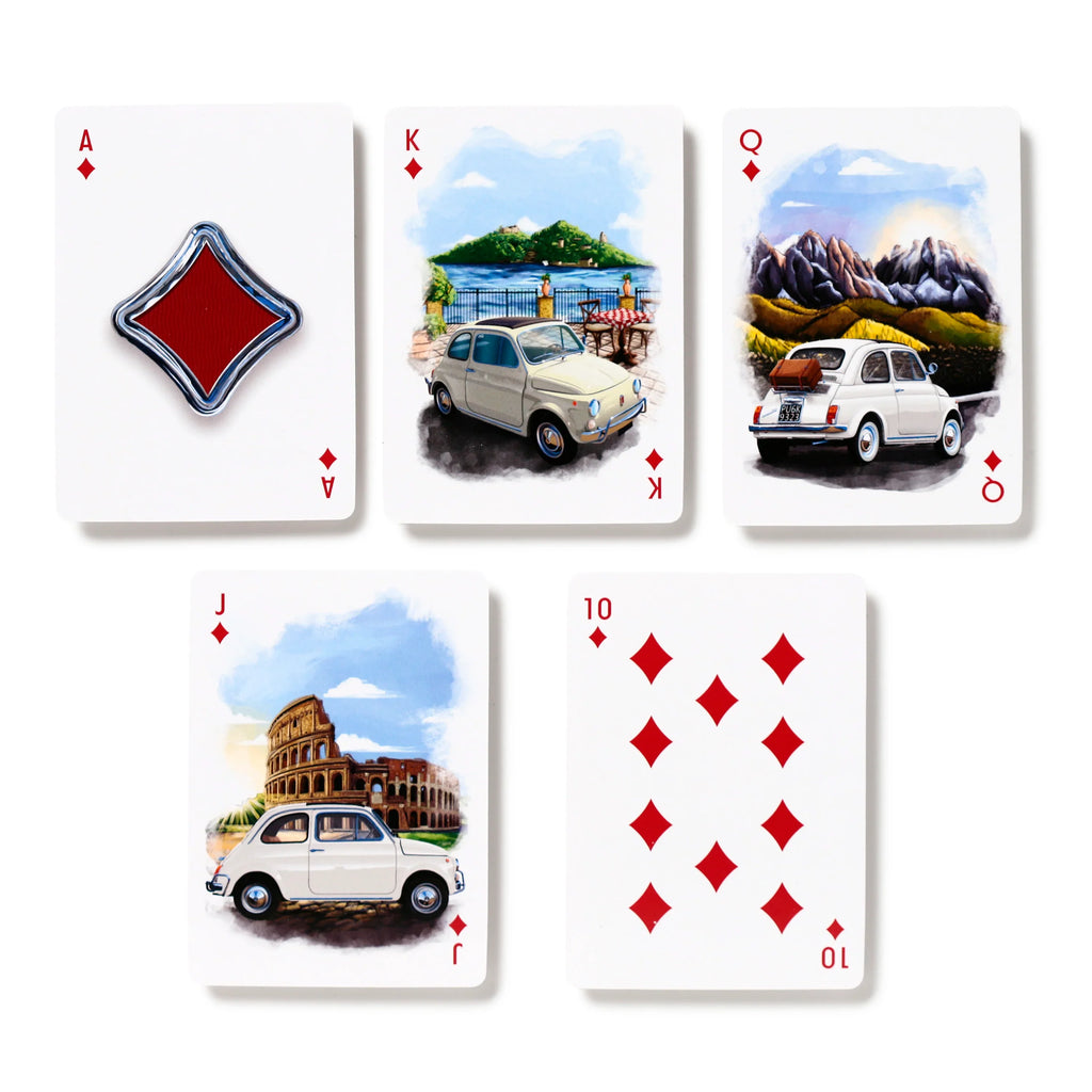 Top-down view of five playing cards from a Fiat 500 themed standard deck. The visible diamond suit cards include the Ace with a large stylised red diamond, the King, Queen, and Jack featuring illustrations of a classic Fiat 500 car in various scenic settings, and the Ten with multiple red diamond pips.