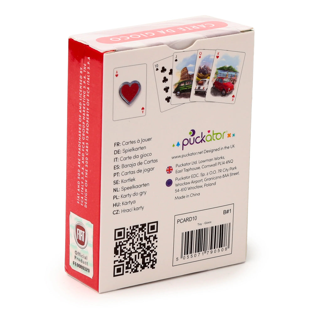 Angled view of a white and red box for standard Fiat 500 playing cards, showing card designs with classic cars and landmarks, and a Fiat official product logo on the red side.