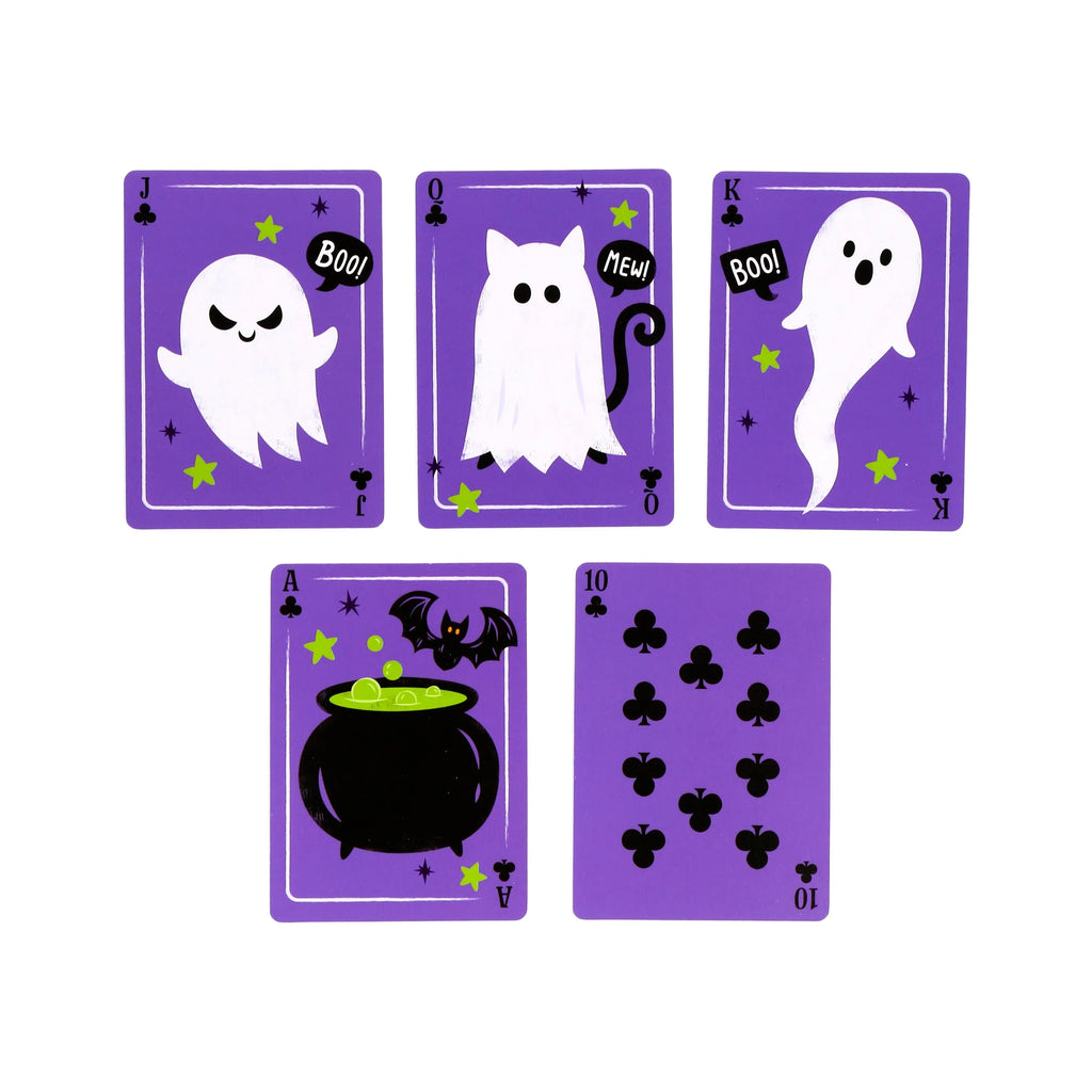 Overhead view of five purple Halloween-themed playing cards from a spooky deck, featuring a Jack of Clubs with an angry ghost, a Queen of Clubs with a ghost cat, a King of Clubs with a wavy ghost, an Ace of Clubs with a cauldron and bat, and a Ten of Clubs with multiple club symbols, all arranged on a white background.